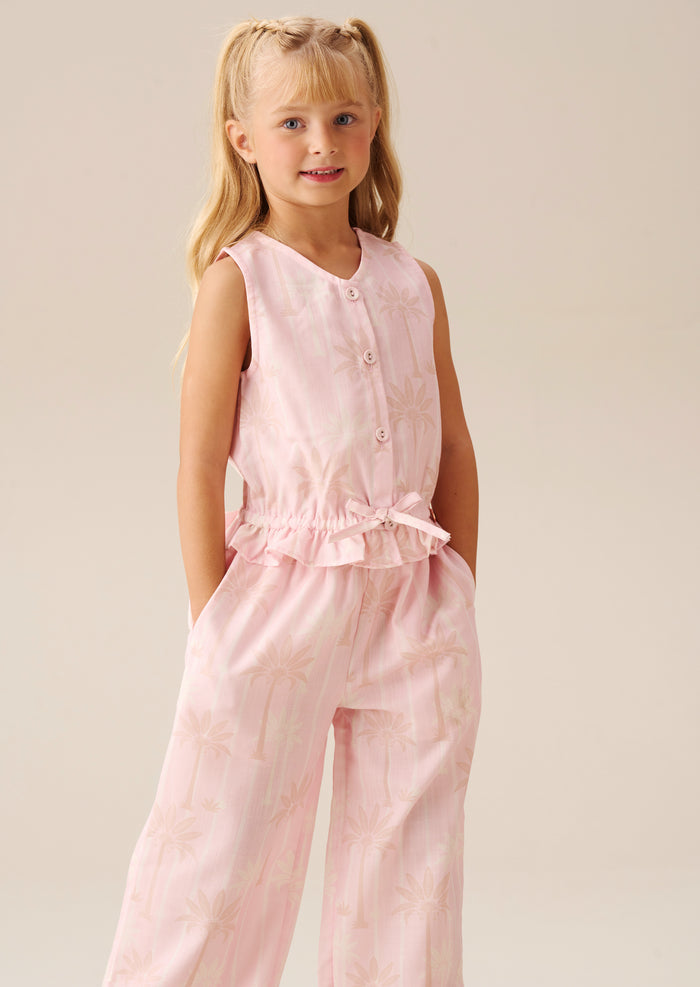 Sarah Pink Palm Print Tie Waist Waistcoat Top