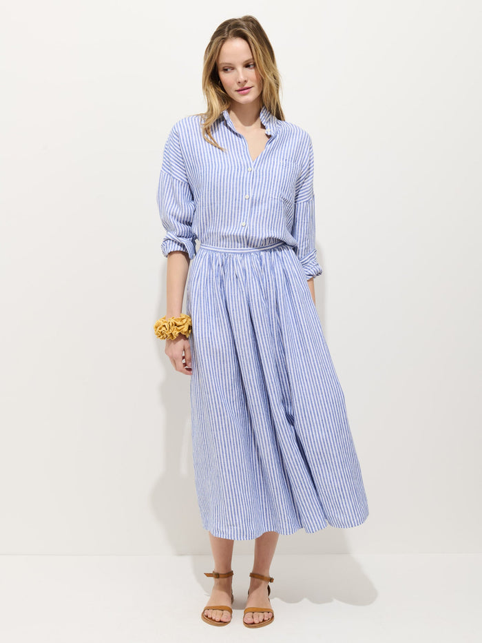 Sarah Striped Skirt in Linen - Ocean / Ivory