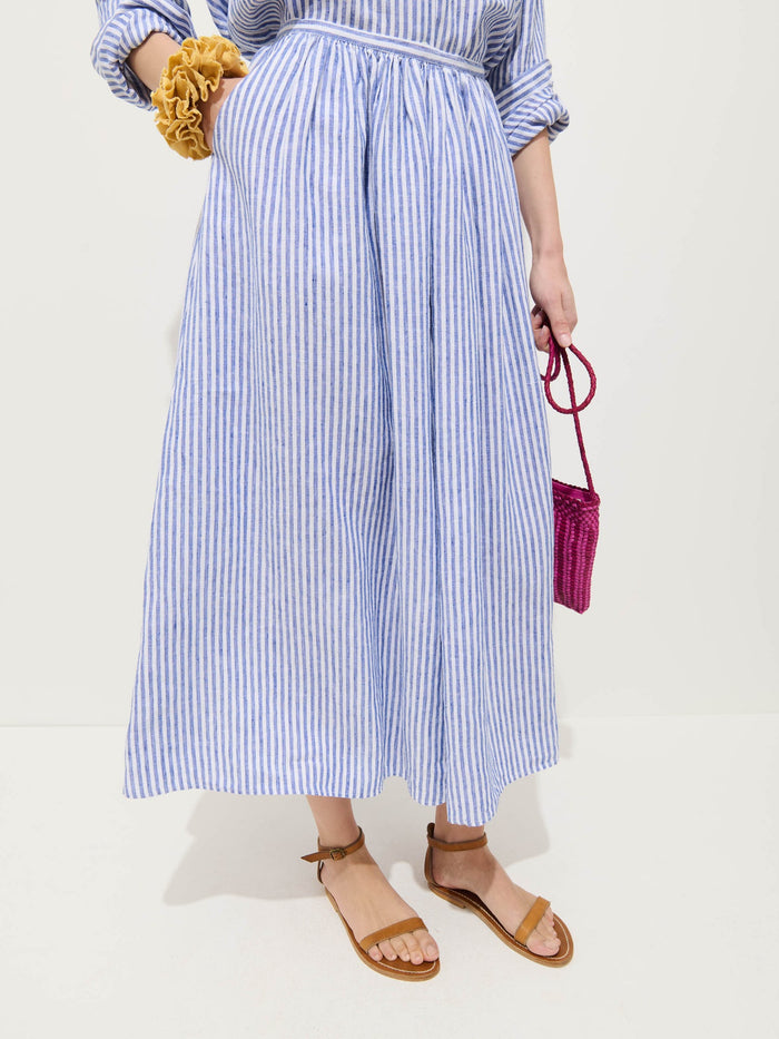 Sarah Striped Skirt in Linen - Ocean / Ivory