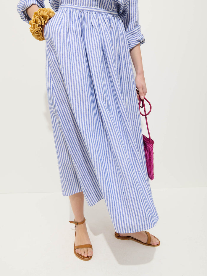 Sarah Striped Skirt in Linen - Ocean / Ivory