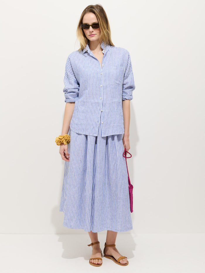 Sarah Striped Skirt in Linen - Ocean / Ivory