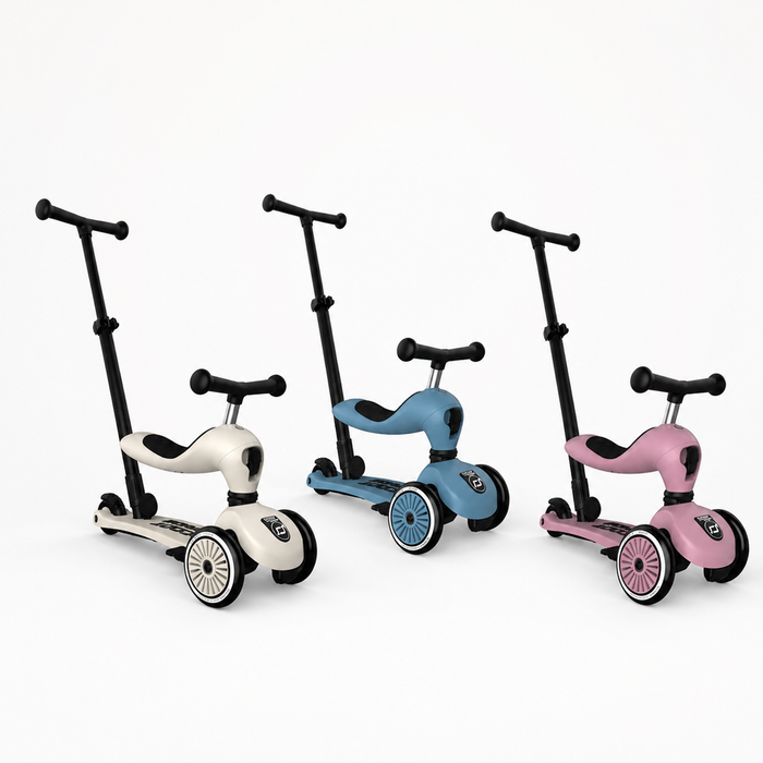 Scoot & Ride Push & Go toddler scooters in Ash, Steel and Wildberry with parent push bars