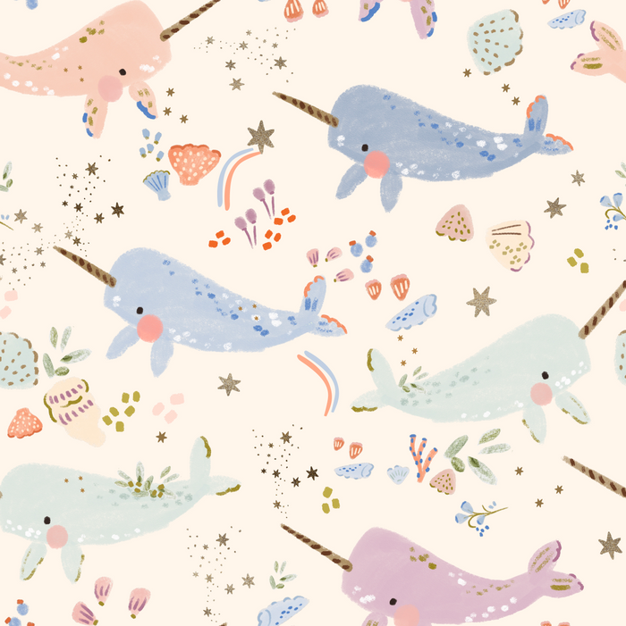 Pattern of cartoon narwhals and decorative elements on a light background