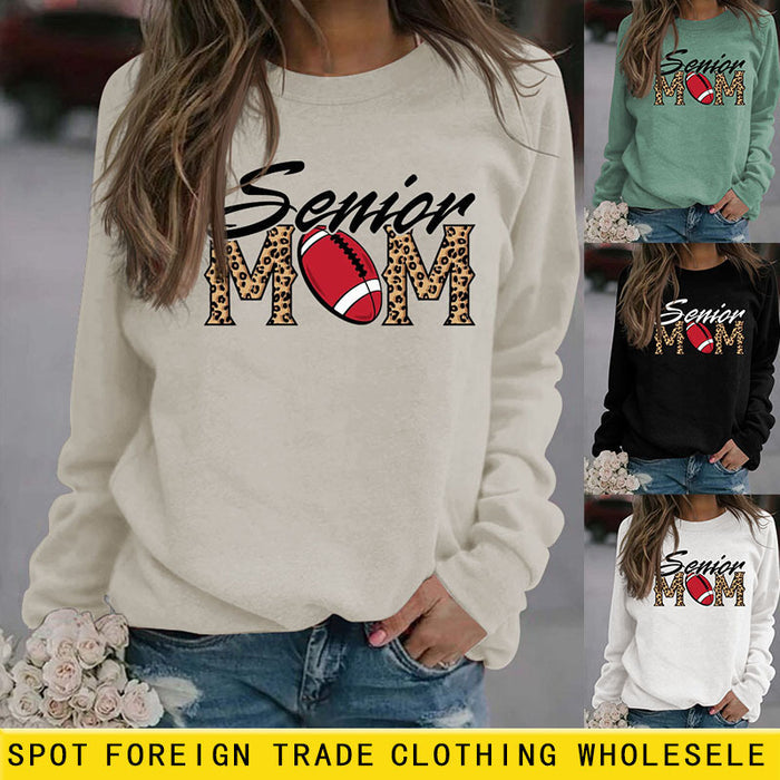 Senior Mom Leopard Print Football Print Long Sleeve Oversize Sweater