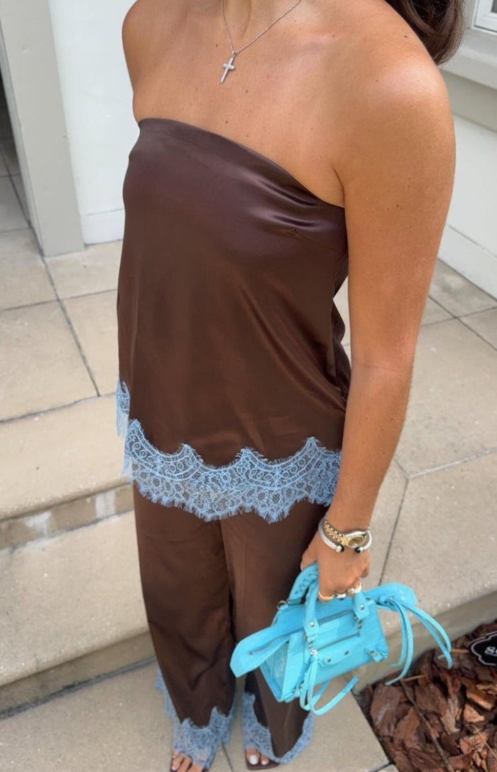 Beginning Boutique Shirley Brown Satin Lace Trim Strapless Top brown satin strapless top with light blue lace trim