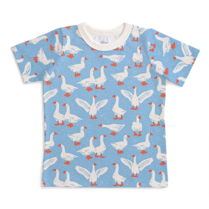 Children's t-shirt with a goose pattern on a blue background