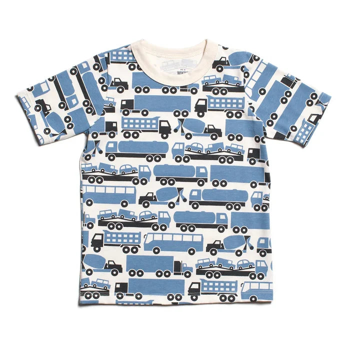 Children's t-shirt with blue truck pattern on a white background