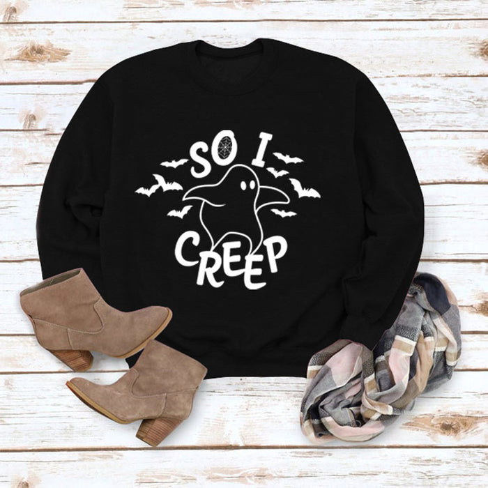 Simple Loose Top Long Sleeve SO I CREEP Printed Pullover Sweater