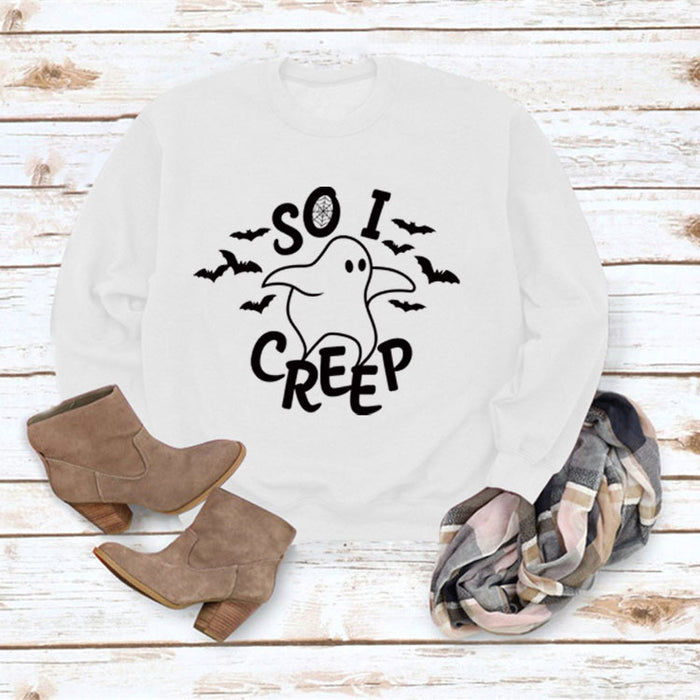 Simple Loose Top Long Sleeve SO I CREEP Printed Pullover Sweater
