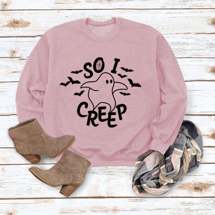 Simple Loose Top Long Sleeve SO I CREEP Printed Pullover Sweater