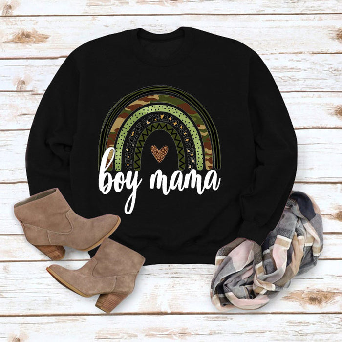 Simple Round Neck Top Long Sleeve Boy Mama Print Loose Sweater