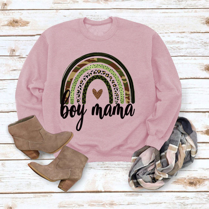 Simple Round Neck Top Long Sleeve Boy Mama Print Loose Sweater