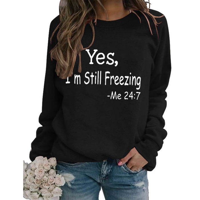 Simple Round Neck Tops Long Sleeve YES I'M Print Loose Sweatshirt