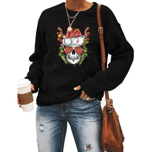 Skull Mom Santa Christmas Sweatshirt Women Long Sleeve Graphic Shirt