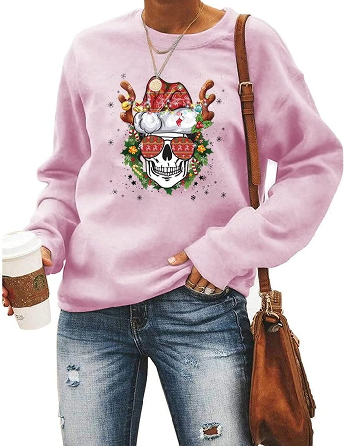 Skull Mom Santa Christmas Sweatshirt Women Long Sleeve Graphic Shirt