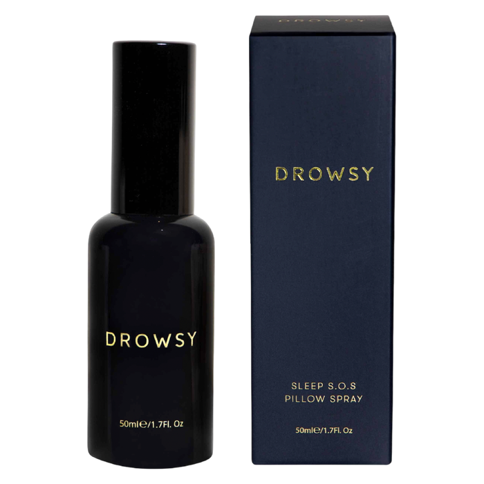 Drowsy Sleep S.O.S Pillow Spray bottle and packaging on a white background