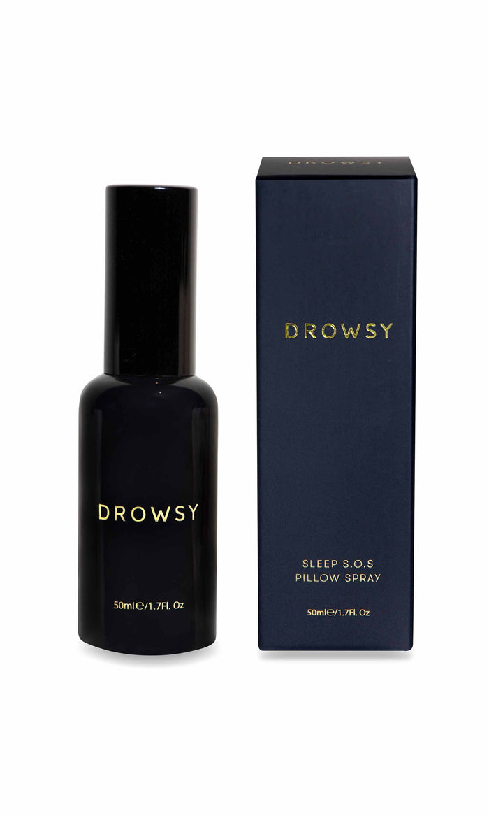Drowsy Sleep S.O.S Pillow Spray bottle and packaging on a white background