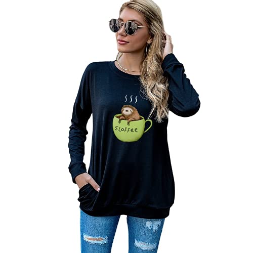 Sloth Shirt for Women Funny Sloth Coffee Blouse with Pockets