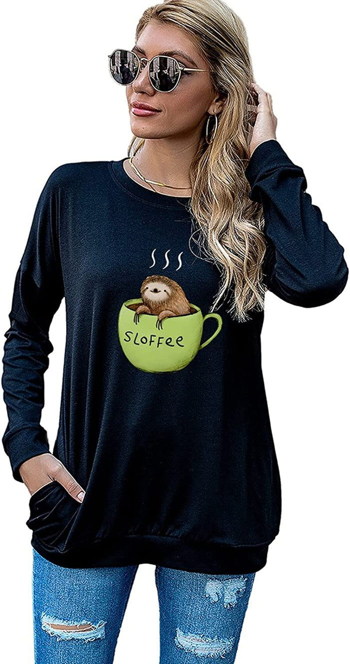 Sloth Shirt for Women Funny Sloth Coffee Blouse with Pockets