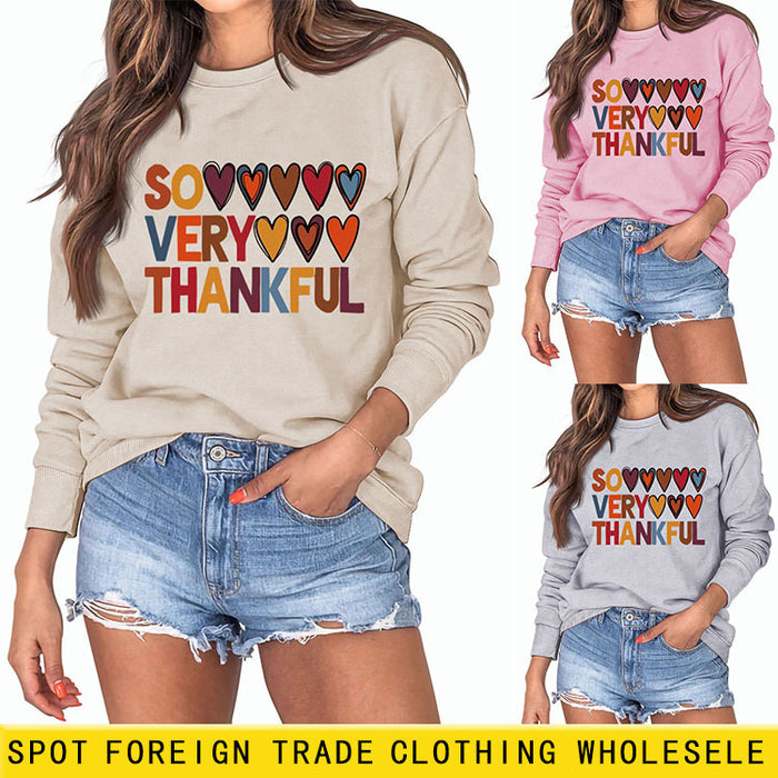 SO VERY THANKFUL Heart Letters Round Neck Long Sleeve Large Size Sweater