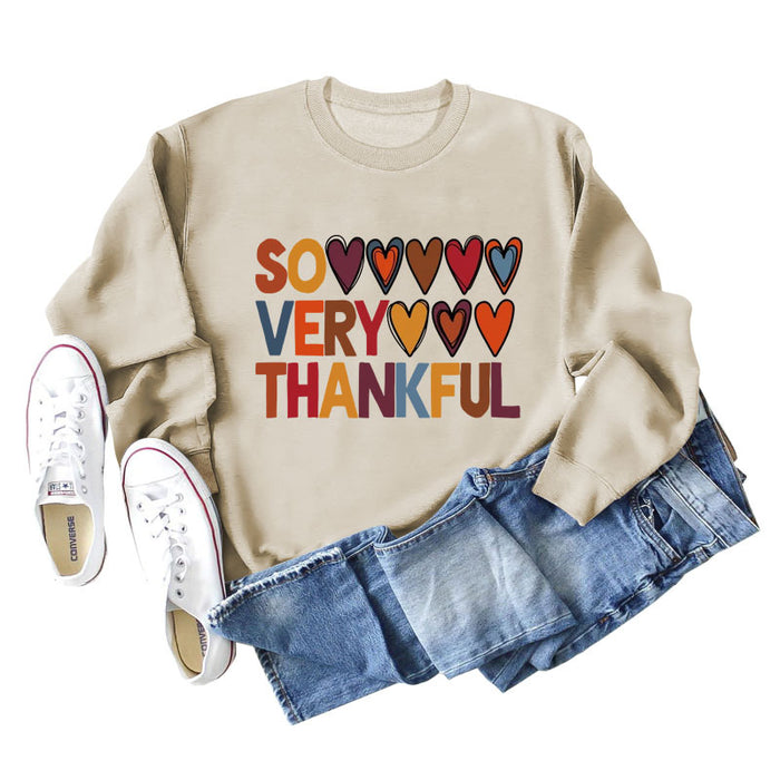 SO VERY THANKFUL Heart Letters Round Neck Long Sleeve Large Size Sweater