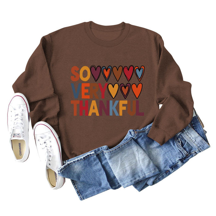 SO VERY THANKFUL Heart Letters Round Neck Long Sleeve Large Size Sweater