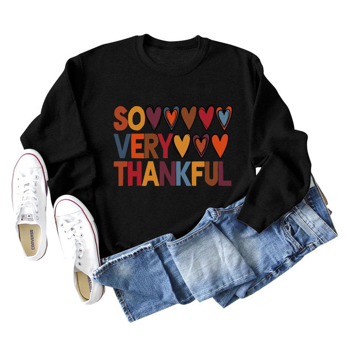SO VERY THANKFUL Heart Letters Round Neck Long Sleeve Large Size Sweater