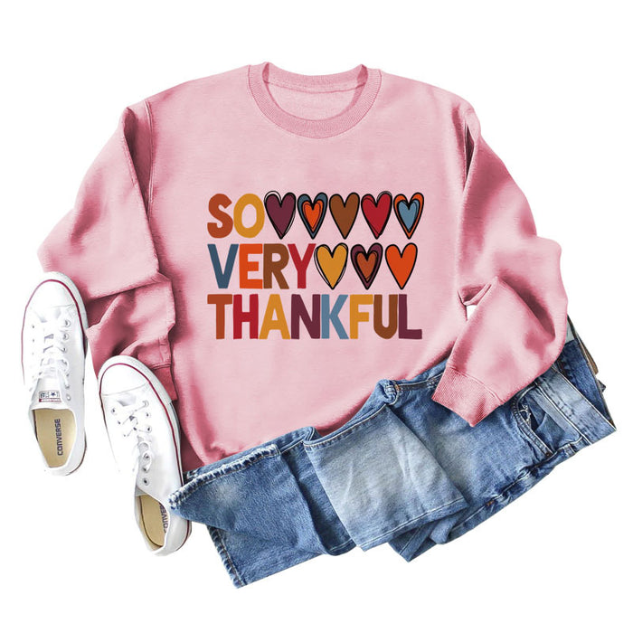 SO VERY THANKFUL Heart Letters Round Neck Long Sleeve Large Size Sweater