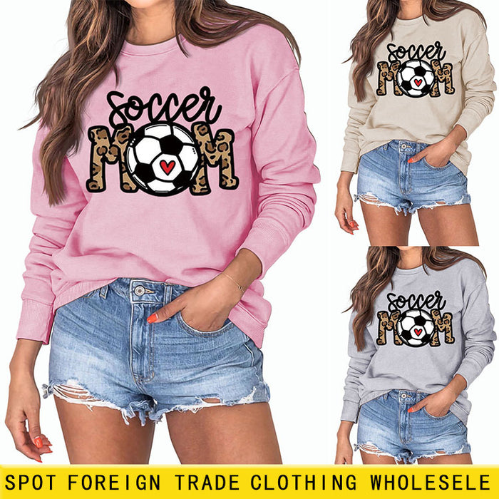 Soccer Mom Football Love Letter Leopard Crew Neck Fall/Winter Long Sleeve Sweater Women