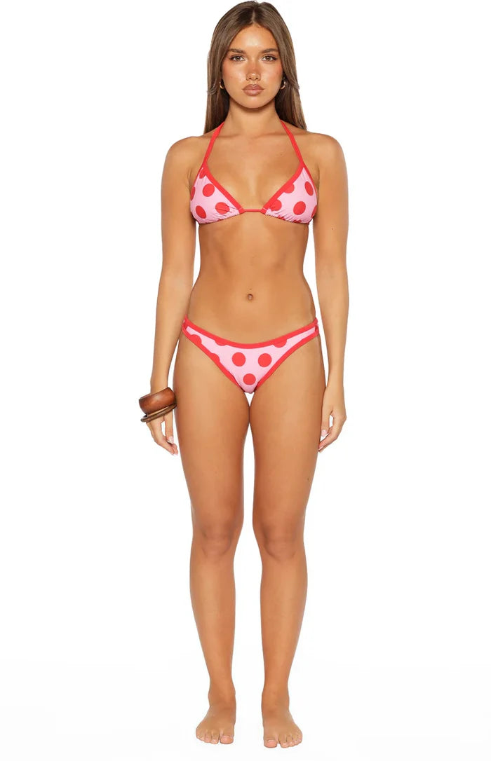 Sofie Pink and Red Polka Dot Contrast Bind Triangle Bikini Top