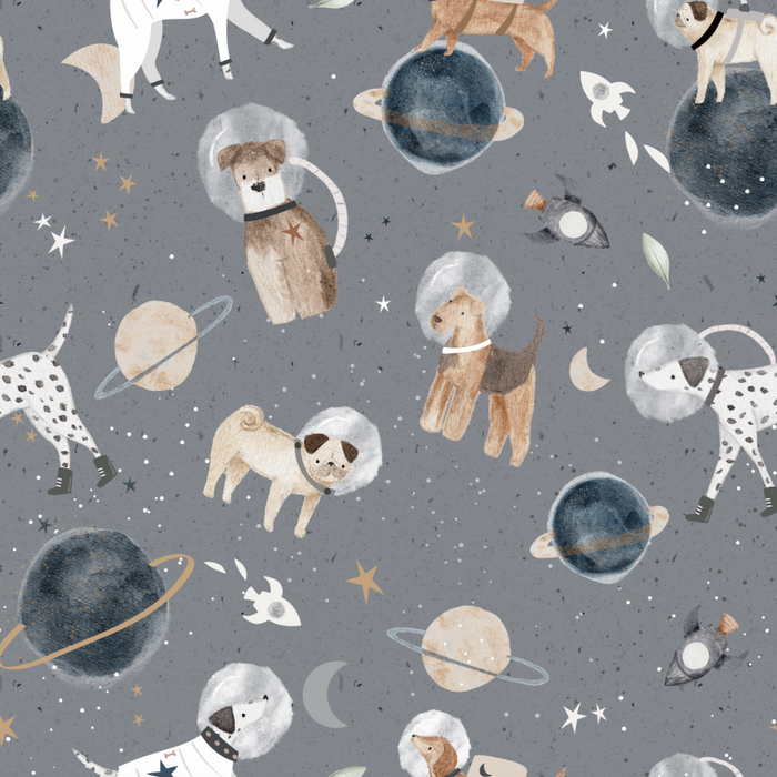 Pattern of dogs in space suits and planets on a gray background
