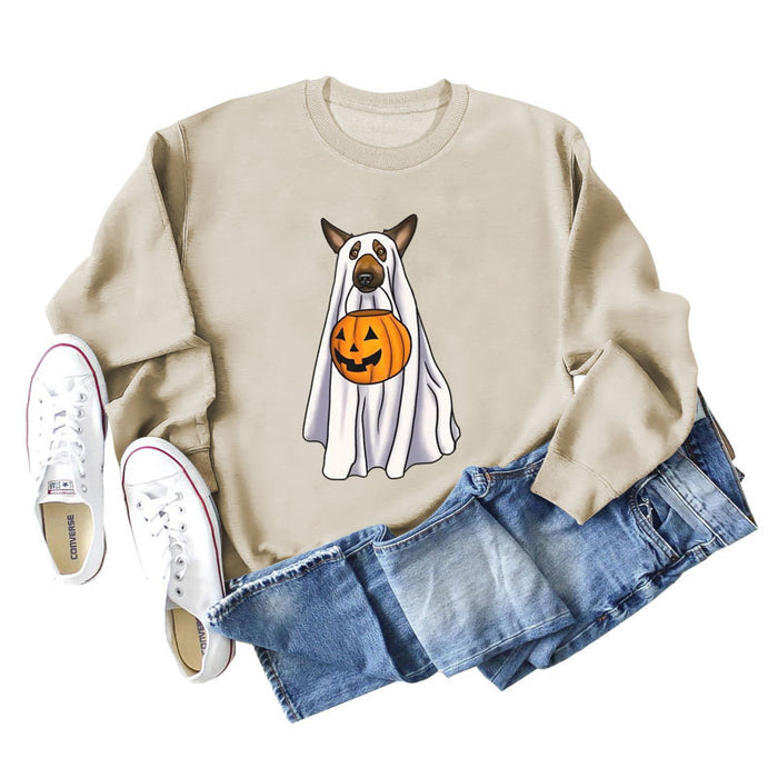 Spot Ghost Dog Pumpkin Halloween Round Neck Long Sleeve Sweater Girl