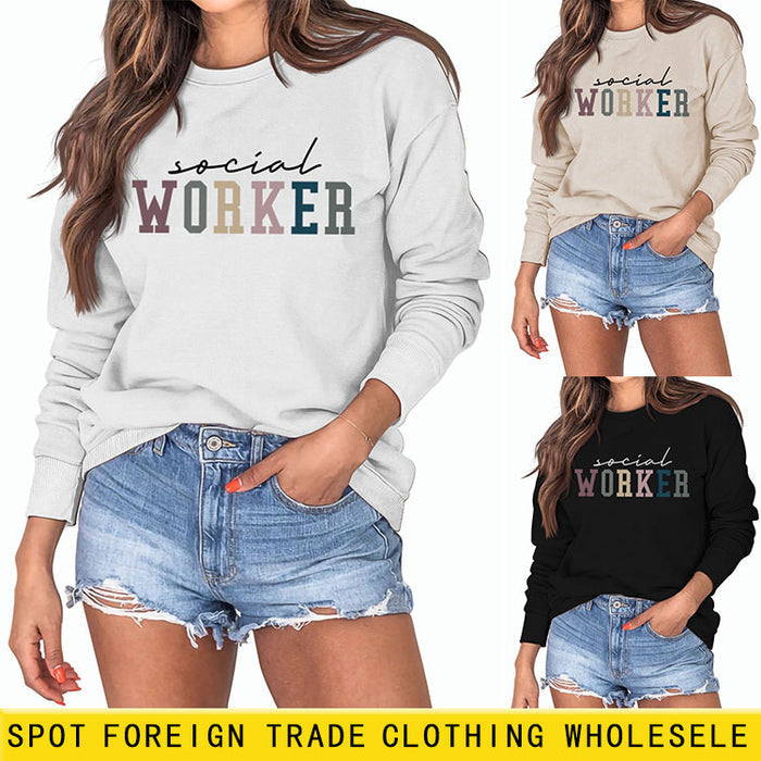 Spot Social Worker Letter Loose Casual Long-sleeved Shirt Round Neck Sweater