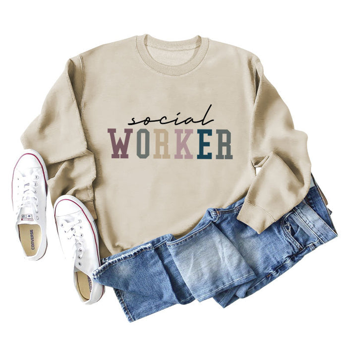 Spot Social Worker Letter Loose Casual Long-sleeved Shirt Round Neck Sweater