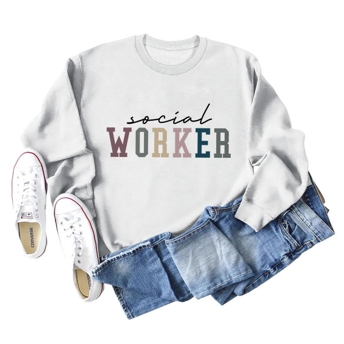 Spot Social Worker Letter Loose Casual Long-sleeved Shirt Round Neck Sweater