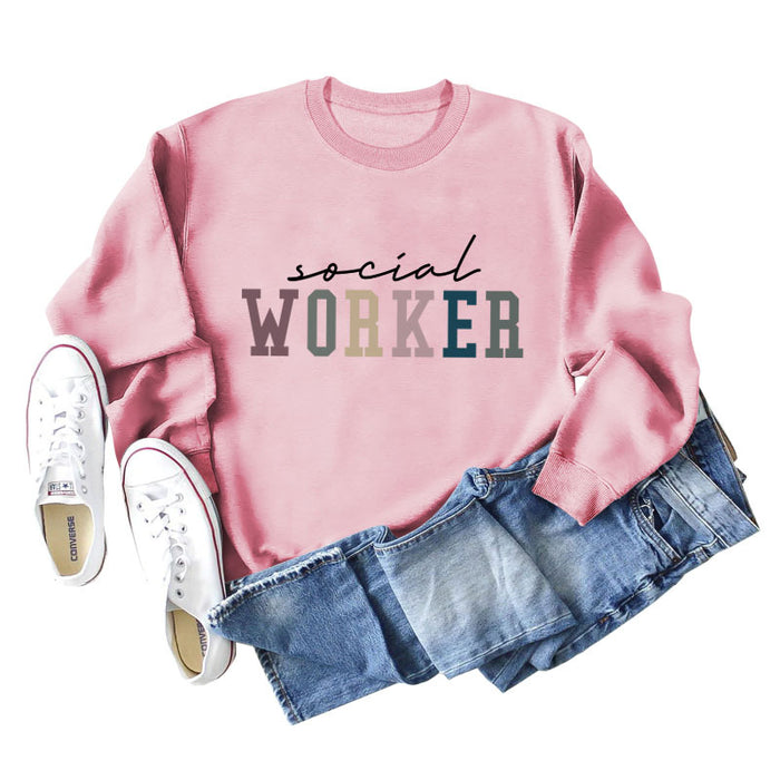 Spot Social Worker Letter Loose Casual Long-sleeved Shirt Round Neck Sweater