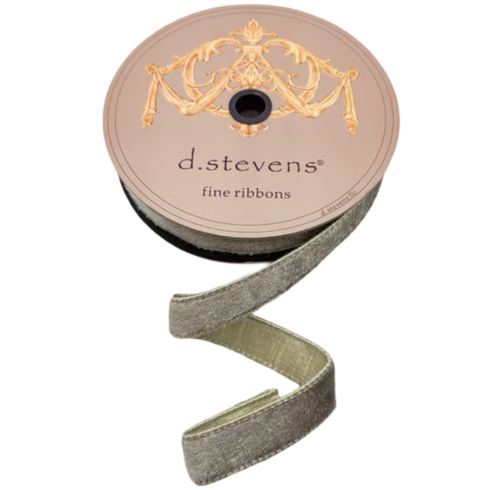 D. Stevens 1-inch stone velvet ribbon with metallic platinum reverse, available by the yard or 10-yard roll.