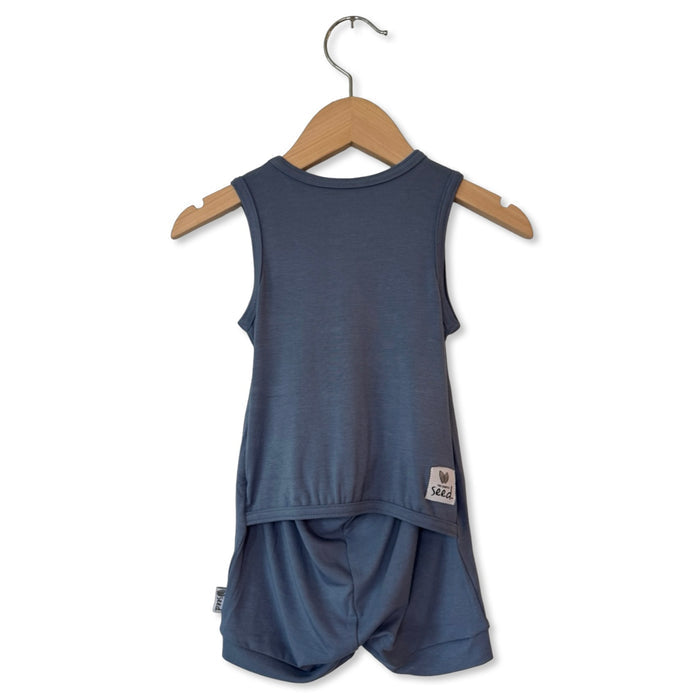 Blue sleeveless top and shorts set on a hanger against a white background