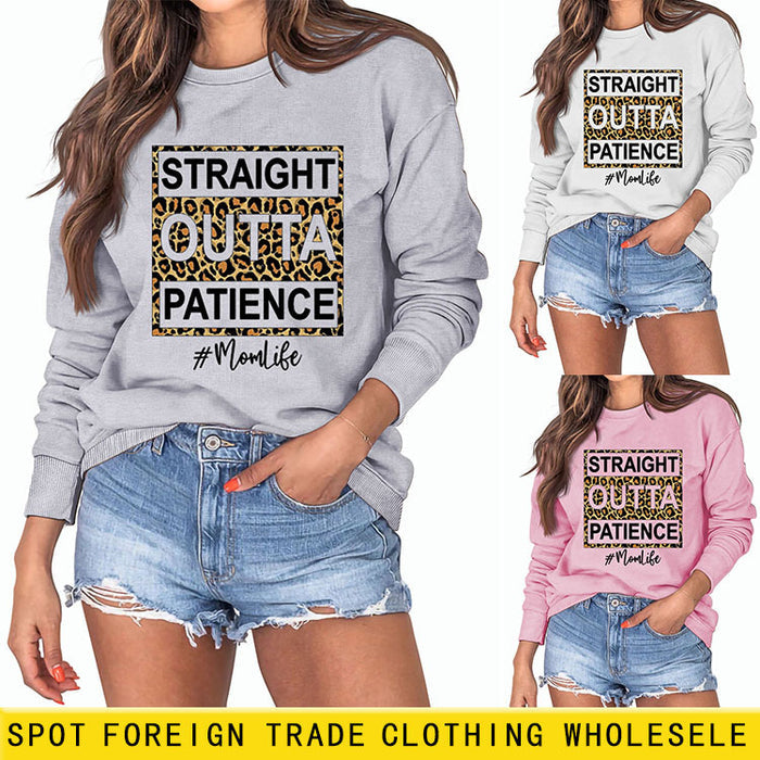 STRAIGHT OUTTA PATIENCE Leopard Print Letters Round Neck Long-sleeved Sweater Women