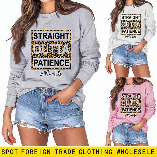 STRAIGHT OUTTA PATIENCE Leopard Print Letters Round Neck Long-sleeved Sweater Women