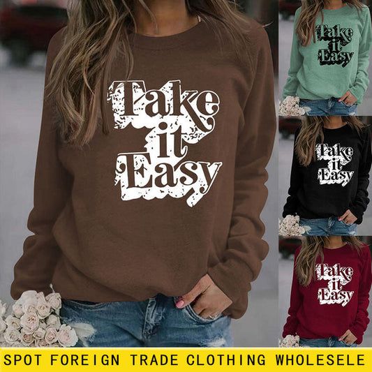 Take It Easy Letter Loose Women's Long Sleeve Plus Size Sweatshirt Women