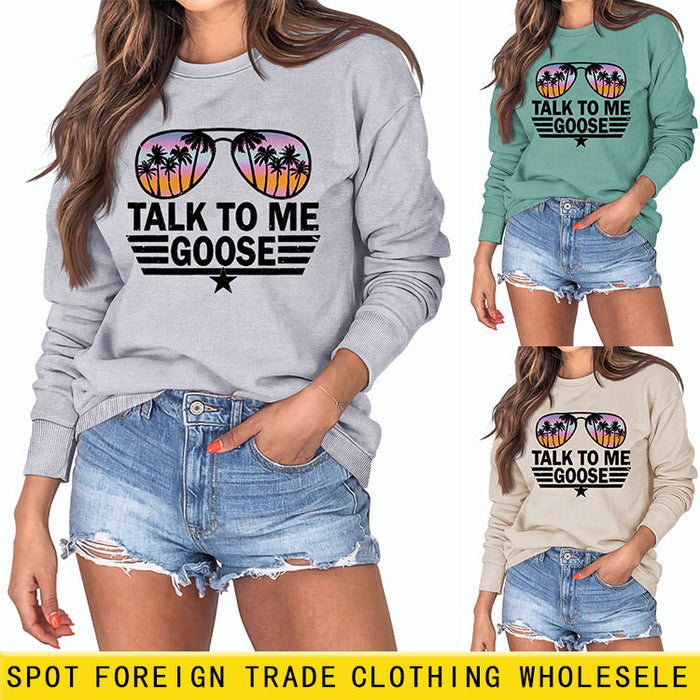 TALK TO ME GOOSE Letter Print Loose Long Sleeve Round Neck Sweater