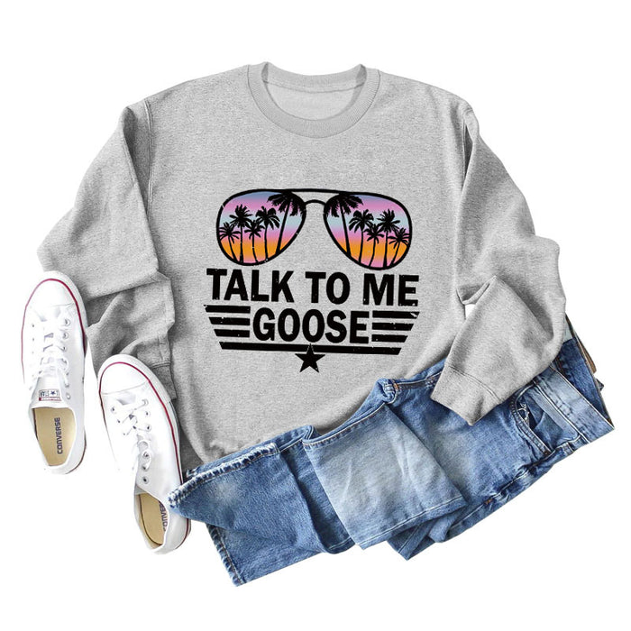TALK TO ME GOOSE Letter Print Loose Long Sleeve Round Neck Sweater