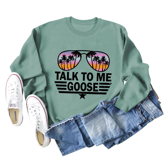 TALK TO ME GOOSE Letter Print Loose Long Sleeve Round Neck Sweater