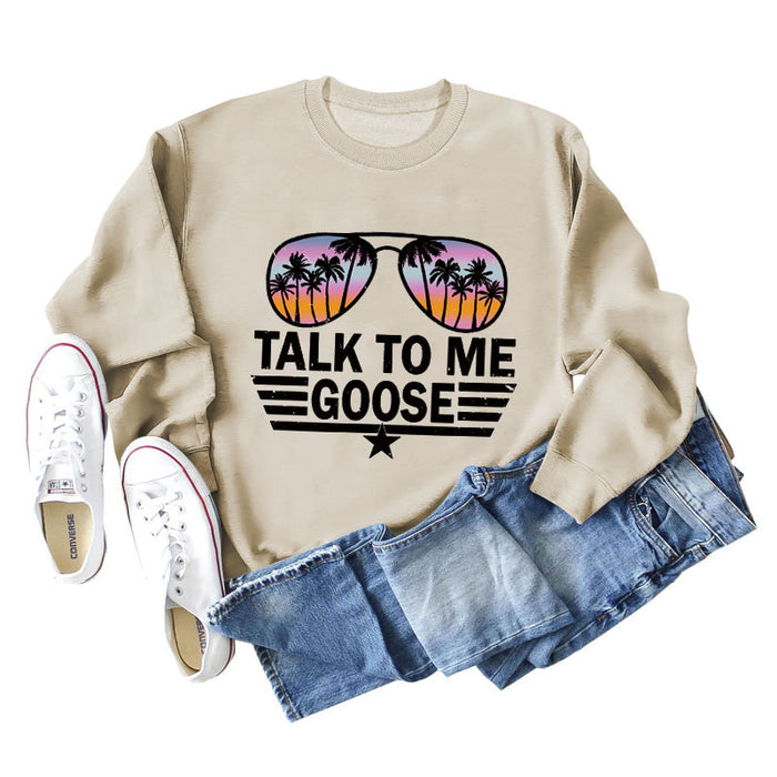 TALK TO ME GOOSE Letter Print Loose Long Sleeve Round Neck Sweater