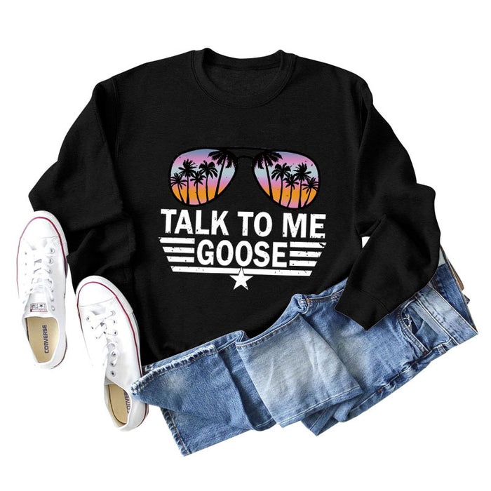 TALK TO ME GOOSE Letter Print Loose Long Sleeve Round Neck Sweater