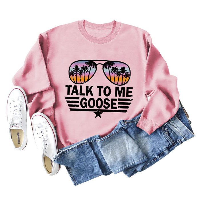 TALK TO ME GOOSE Letter Print Loose Long Sleeve Round Neck Sweater