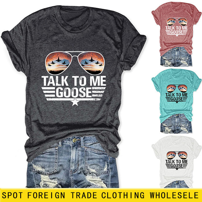 TALK TO ME GOOSE Summer Letter Printed T-shirt with Round Neck and Short Sleeve