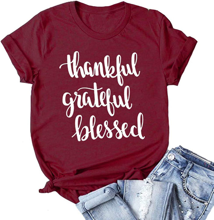 Thankful Grateful Blessed Women T-Shirt Thanksgiving Shirt