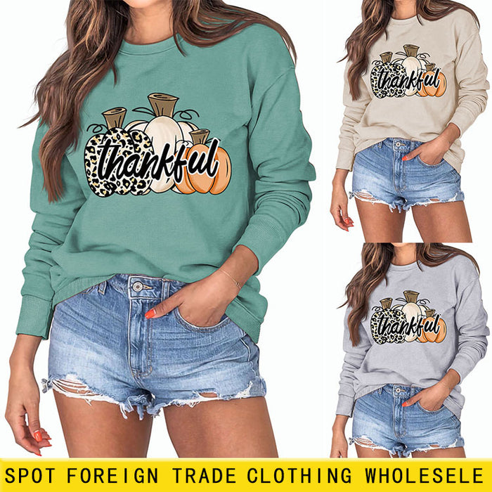 Thankful Pumpkin Leopard Print Letters Halloween Print Round Neck Long Sleeve Women's Sweatshirt